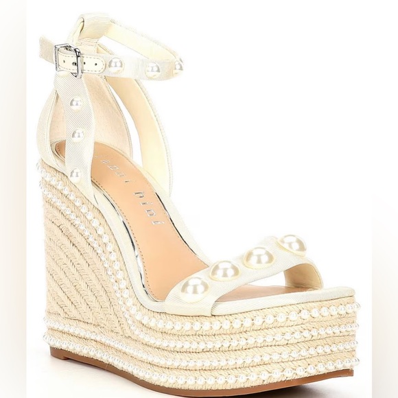 Gianni Bini Sierah Pearl Studded Jute Platform Wedges, Size 7M - Picture 1 of 14